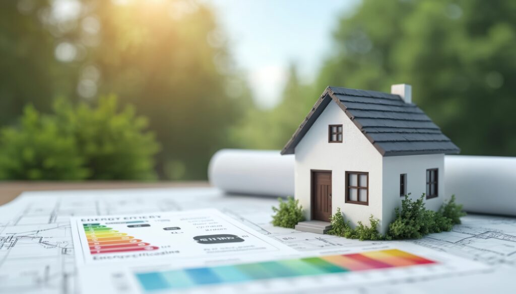 umweltfreundliches Haus, Energieausweis und Pläne – Symbole für professionelle Energieberatung und effiziente Energienutzung.