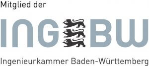 Logo der Ingenieurkammer Baden-Württemberg – Buchstaben ING BW mit drei Löwen, Mitglied der Ingenieurkammer. Ingenieurbüro